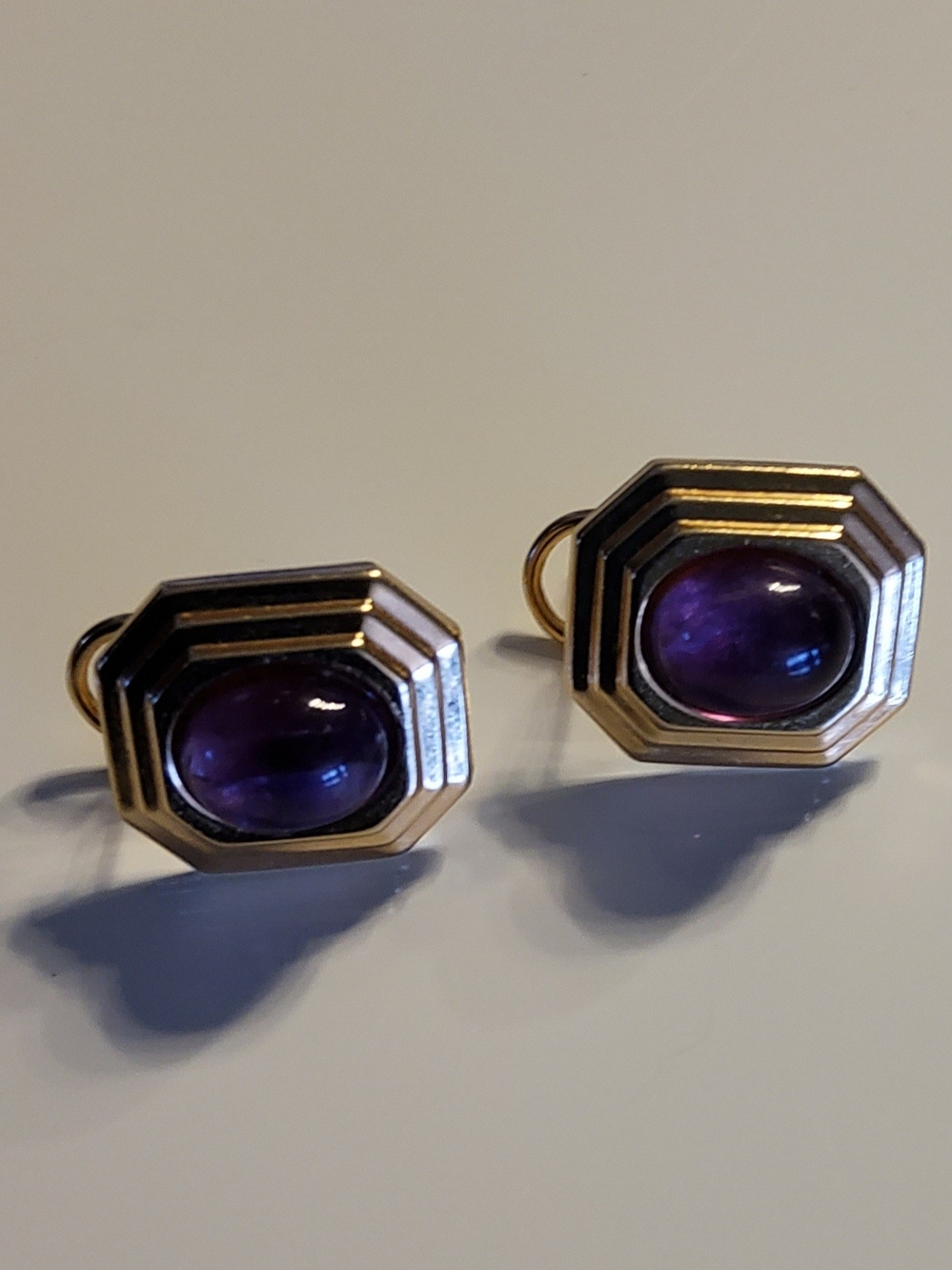 Vintage 14k Yellow Gold Amethyst Picture Frame, Omega Backs Earrings 5.8 Grams